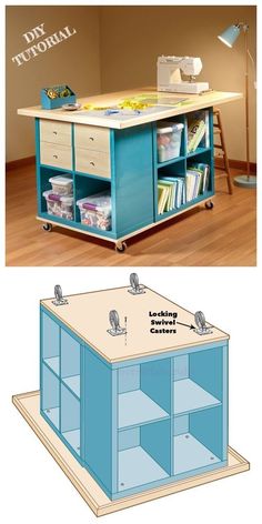 an image of a sewing table with shelves and drawers on it, next to a photo of a sewing machine