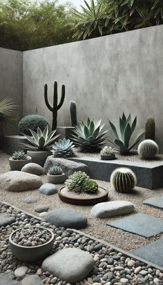 an outdoor garden with rocks and cacti