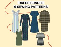 dress sewing pattern for women with 6 different styles and sizes to choose from, including long - sleeved dresses