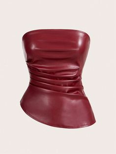 Women's Burgundy Red Leather Top Fashionable Ruched Asymmetric Hem Tube Top, Suitable For Going Out And Parties Christmas Top Burgundy Casual  Sleeveless PU Leather Plain  Medium Stretch  Women Clothing, size features are:Bust: ,Length: ,Sleeve Length: Burgundy Holiday Outfit, Red Leather Top Outfit, Casual Outfits For Christmas Party, Holiday Party Outfit Plus Size, Wine Red Top, Red Leather Top, Burgundy Lace Top, Holiday Party Outfit Christmas, Red Tube Top