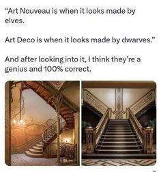 an image of stairs and chandeliers in a house with caption that reads, art nouveau is when it looks made by elves