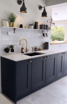 a kitchen with an island, sink and several potted plants