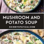 mushroom and potato soup in a blue bowl