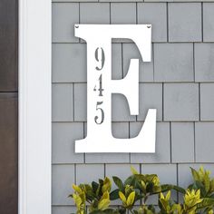 the letters e and f are painted white in front of a gray brick wall with green plants