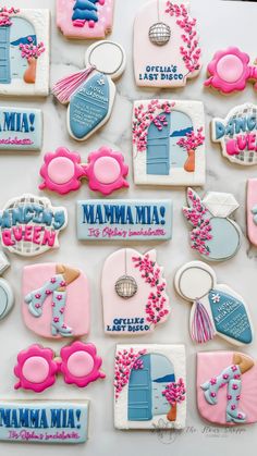 Mamma Mia Bright Sugar Cookies Mamma Mia Biscuits, Mama Mia First Birthday, Mamma Mia Cookies Bachelorette, Mamma Mia Theme Grad Party, Mama Mia Themed Cookies, Greece Bachelorette Party Theme, Blue Disco Bachelorette Party, Mama Mia Kitchen Tea, Mama Mia Bachelorette Party Cookies