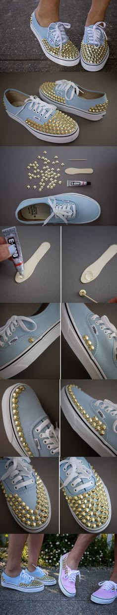 DIY Studded Shoes, we have everything you need to customise your shoes with studs, spikes, crystals and buttons. The best glue to use when embellishing your shoes is E6000 Girly Sneakers, Studded Sneakers, Shoes Diy, Clothes Crafts