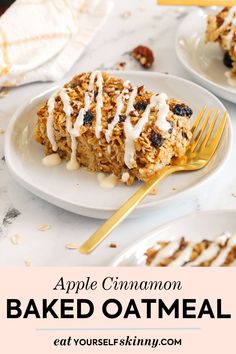 an apple cinnamon baked oatmeal on a white plate with a gold fork