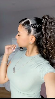 Curly Hairstyles In Ponytail, Curly Hairstyles Slicked Front Pieces, Hairstyles For Thick Curly Hair Medium, Cute Curly Hairstyles Down, Hair Styles With Small Rubber Bands, Updo Curly Hairstyles Natural Curls, Curly Hair Cheer Hairstyles, Mix Girl Hairstyles, White Girl Hairstyles Baddie