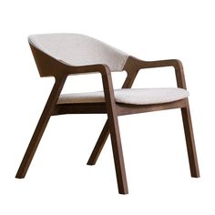 a wooden chair with white upholstered fabric on the back and armrests