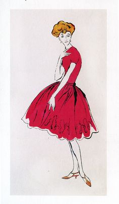 a drawing of a woman in a red dress with her hand on her hip,