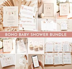 the boho baby shower bundle includes items such as cards, envelopes and cupcakes