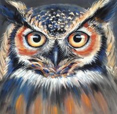 an owl with orange eyes is shown in this painting