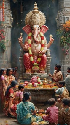 a painting of an elephant sitting on top of a table with people around it eating food