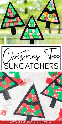 christmas tree suncatchers made from construction paper and colored construction paper with text overlay