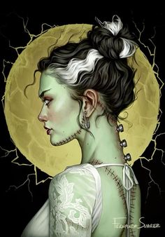 a painting of a woman with tattoos on her neck and shoulder, in front of a full moon