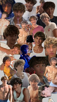 a collage of young men with different hair colors and body shapes, including one man's shirtless torso