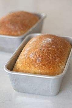 two loafs of bread sit in tins on a counter top, one is brown and the other is white