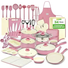 The NutriChef 54-Piece Kitchenware Set is an all-in-one solution for both cooking and baking, offering high-quality ceramic-coated pots, pans, and bakeware in a chic blush pink color. Designed for versatility, this set is compatible with multiple cooktops including gas, electric, ceramic, and induction, providing even heat distribution for all-around cooking perfection. Each piece features a durable non-stick ceramic coating that ensures easy food release and effortless cleaning. With an impress Pink Kitchen Utensil Set, Home Kitchen Appliances, Kitchen Pots And Pans Cookware Set Stainless Steel, Pink Pots And Pans Cookware Set, Pink Cookware Set, Cute Baking Tools, Cute Pots And Pans, Cute Dishes Sets, Pink And Gold Kitchen