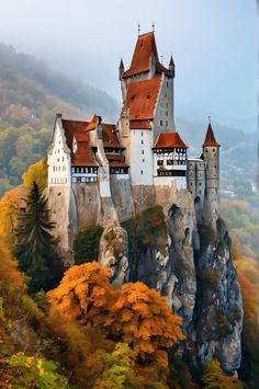 Discover the mystical Bran Castle in Transylvania! Morning mist, Gothic architecture, and autumn colors create a breathtaking scene. Explore the historic stonework and dramatic views from the rocky plateau. #BranCastle #Transylvania #GothicArchitecture Draculas Castle Romania, Castle On A Cliff, Transylvania Castle, Fantasy World Ideas, Real Castles, Bran Castle, Dracula Castle, Unusual Pictures, Hd Photography