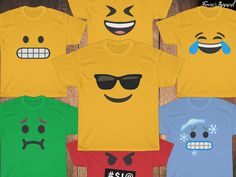 four t - shirts with different emoticions on them, all wearing sunglasses and hats