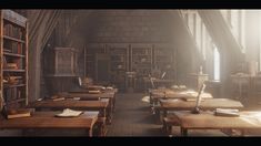 an old school room with wooden desks and bookshelves in the middle of it