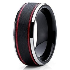 men's wedding band with black and red wood inlay