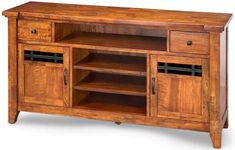 a wooden entertainment center with two doors and shelves on one side, an open shelf to the other