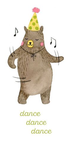 a drawing of a bear wearing a party hat with music notes on it's head