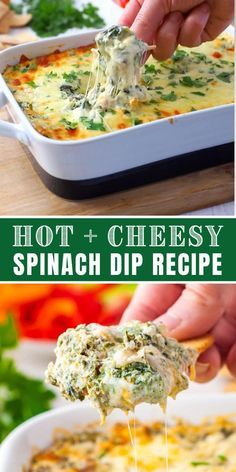 a person scooping some food out of a casserole dish with cheese and spinach