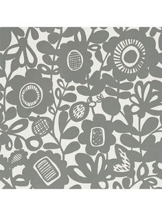 a gray and white wallpaper with flowers on it