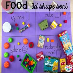 a purple board with food and snacks on it