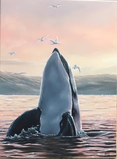 a painting of a humpback whale jumping out of the water with seagulls flying around