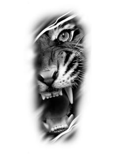 a black and white photo of a tiger's face with it's mouth open