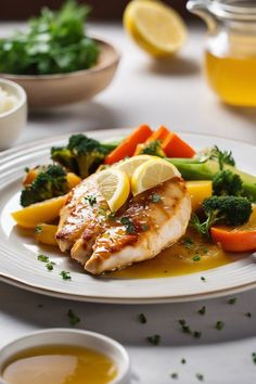 a white plate topped with chicken, broccoli and carrots next to sauce