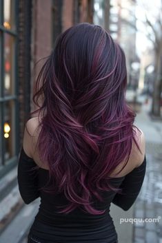 Purple Hair From Brown, Mahogany Purple Hair Color, Grape Hair Color Dark Purple, Grape Violet Hair Color, Grape Hair Color, Brunette Hair With Purple Highlights, Grape Purple Hair, Hair Colour For Indian Skin, Purple Highlights Brown Hair