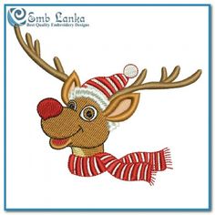 a reindeer wearing a red and white striped scarf with a ball in its antlers'mouth