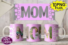 three coffee mugs with the word mom printed on them and two photos in front