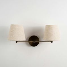 two lamps mounted on the wall next to each other with one light on it's side