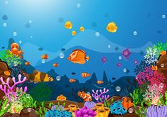 an underwater scene with fish and corals