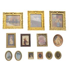 an assortment of framed and unframeed art pieces on a white background with gold frames