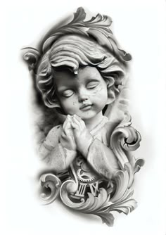 Cherub Tattoo Designs, Christus Tattoo, Baby Angel Tattoo, Tattoo Graffiti, Chicano Tattoos Sleeve, Half Sleeve Tattoos, Tattoo World, Black And Grey Tattoo, Cherub Tattoo