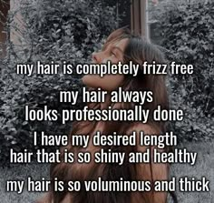 a woman with long hair looking up at the sky and texting, my hair is completely frizz free my hair always looks professionally done i have my desired length