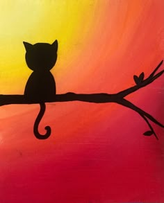 a painting of a cat sitting on a tree branch with the sun in the background