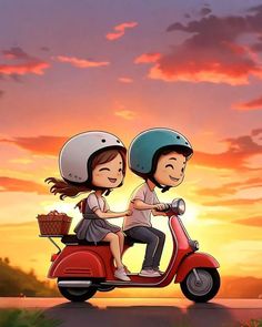 two people on a red scooter with the sun setting in the background