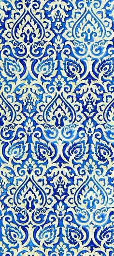 blue and white wallpaper with an ornate design