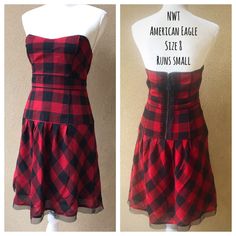 Cute Dress With Lace Accents! Perfect For Holiday Dinners Or Nights Out. New With Tag. Size 8 But I Think It Runs Smaller. Fitted Lined Plaid Dress, Fitted Plaid Dresses With Lining, Red Checkered Dress, Black And Red Checkered, Peplum Lace, American Eagle Dress, Holiday Dinners, Red Checkered, Checkered Dress