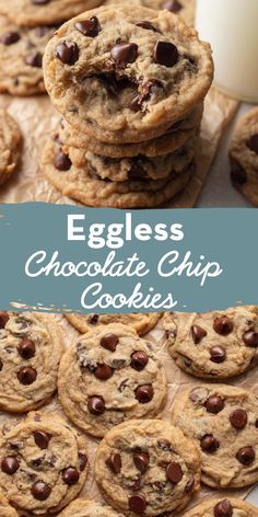 eggless chocolate chip cookies are stacked on top of each other and the title is above it