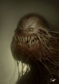 a creepy creature with long hair and teeth