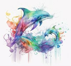 two dolphins jumping out of the water with paint splatters on it's sides