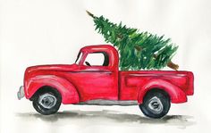 a drawing of a red truck with a christmas tree in the back and on the bed